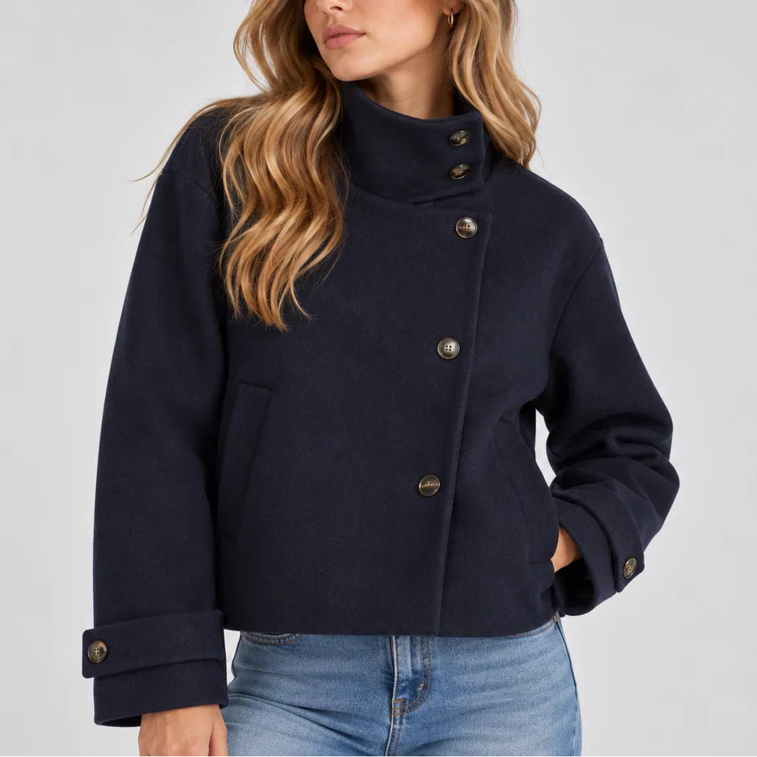 Cropped Jacket - High Neck Button Front Women's Jacket