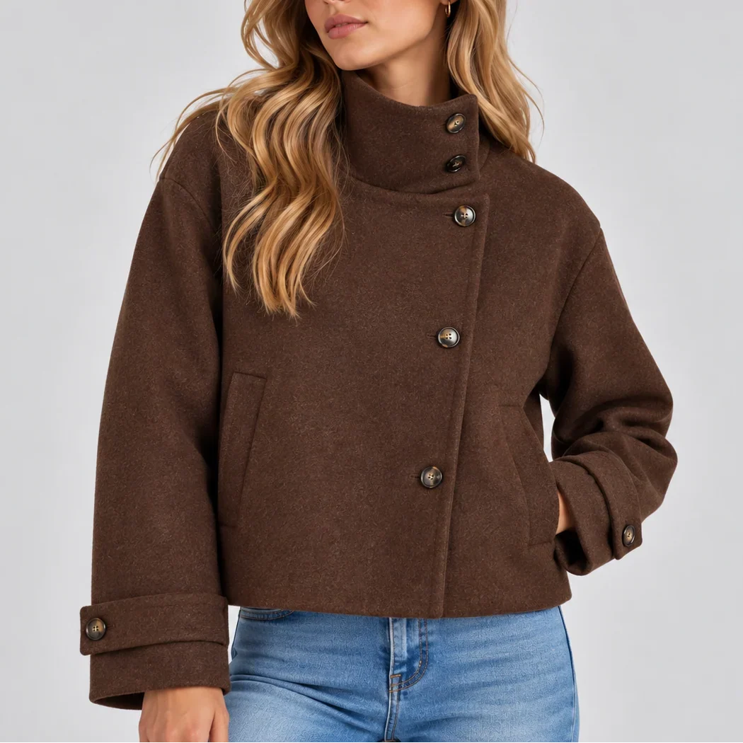 Cropped Jacket - High Neck Button Front Women's Jacket