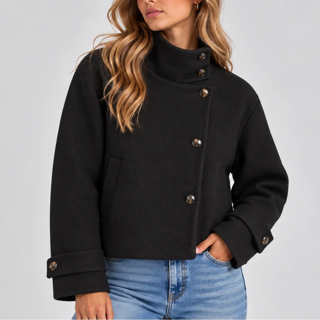 Cropped Jacket - High Neck Button Front Women's Jacket