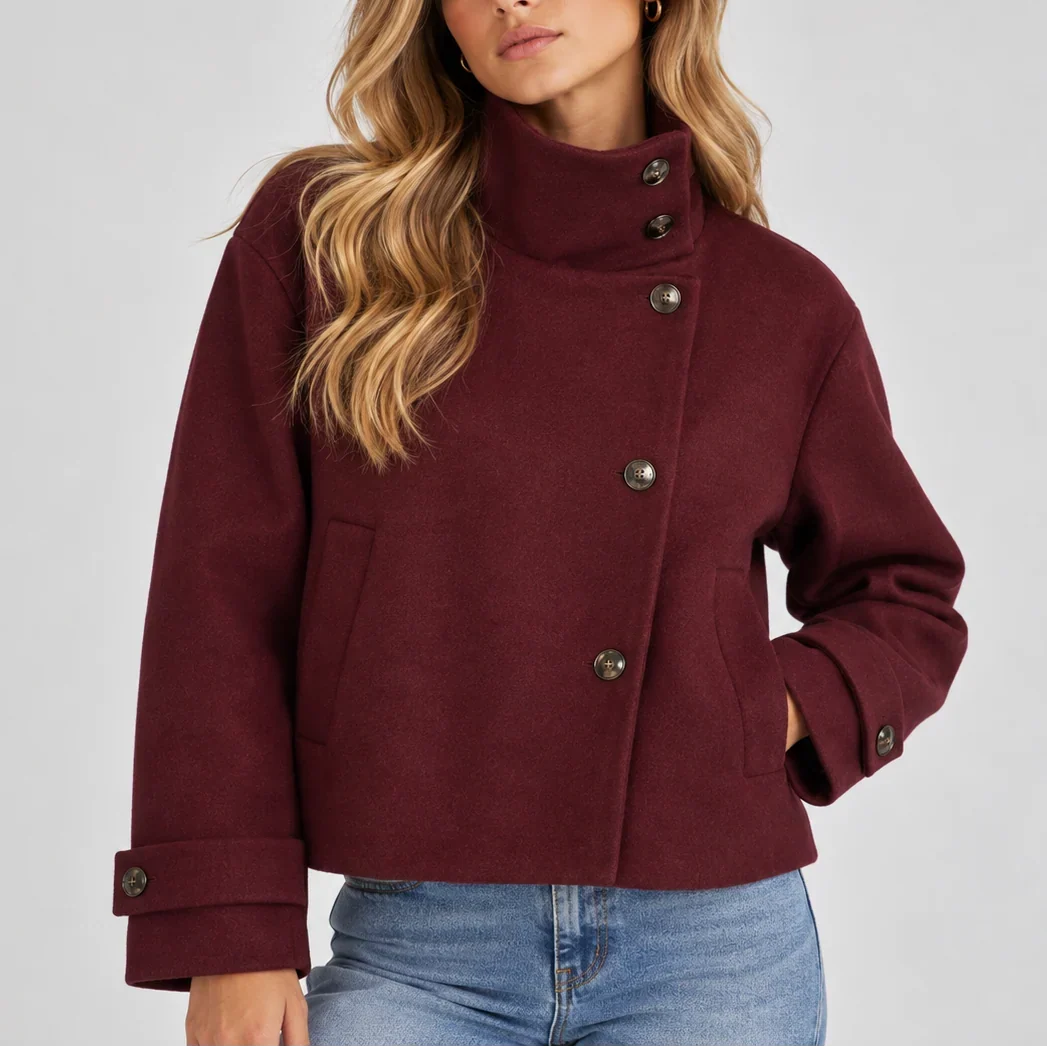 Cropped Jacket - High Neck Button Front Women's Jacket