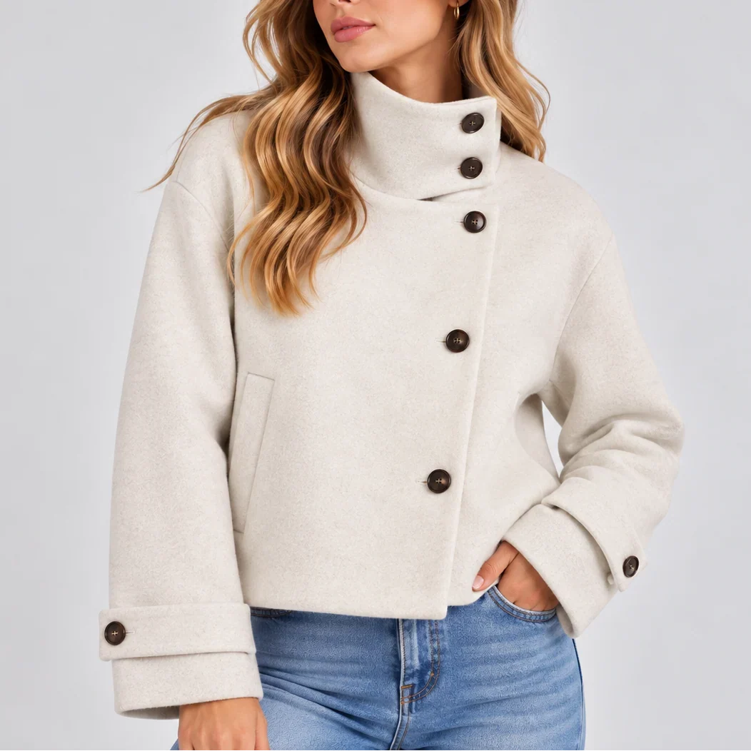 Cropped Jacket - High Neck Button Front Women's Jacket