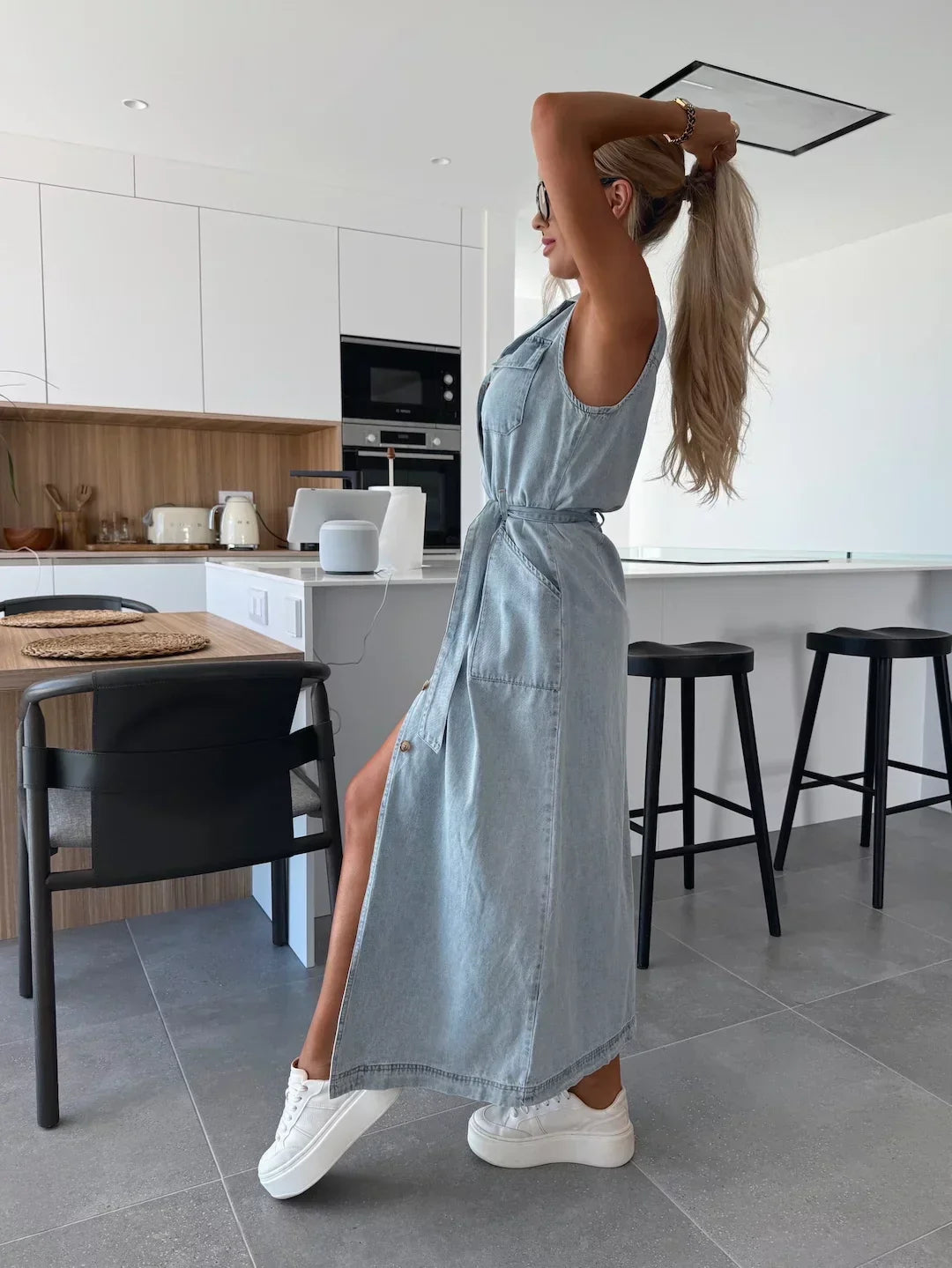 Women's Denim Dress | Maxi Belted Sleeveless Button Front
