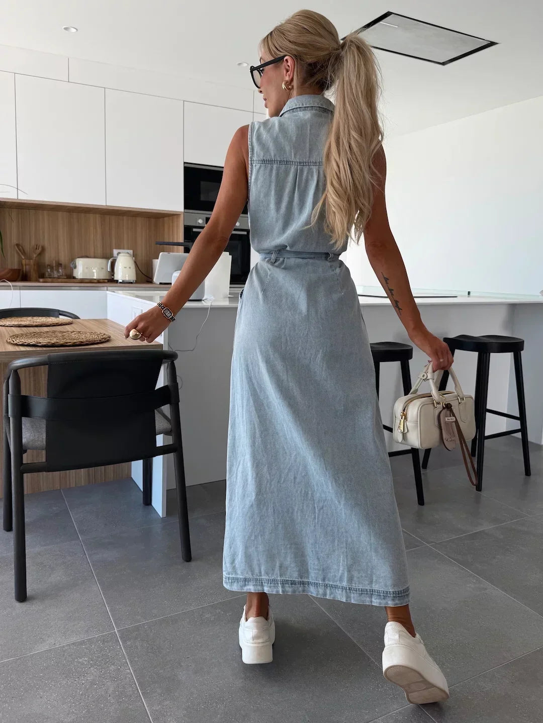 Women's Denim Dress | Maxi Belted Sleeveless Button Front