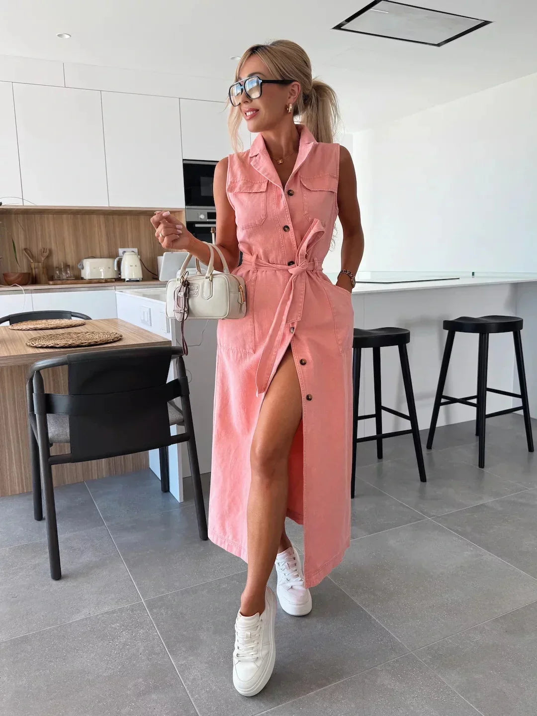 Women's Denim Dress | Maxi Belted Sleeveless Button Front