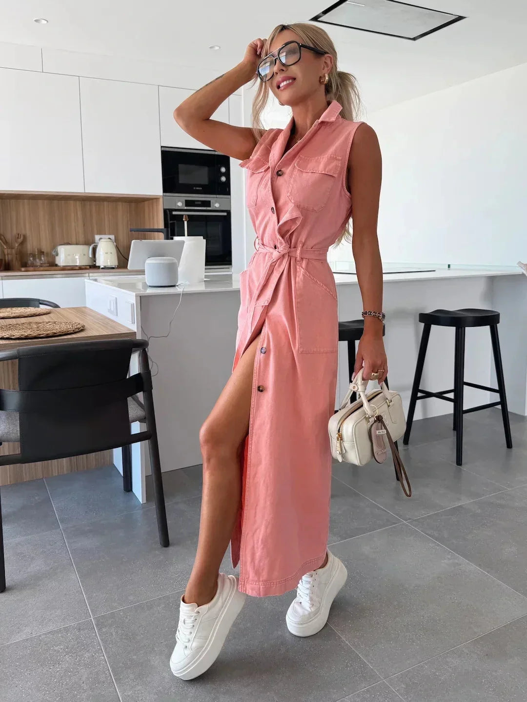 Women's Denim Dress | Maxi Belted Sleeveless Button Front
