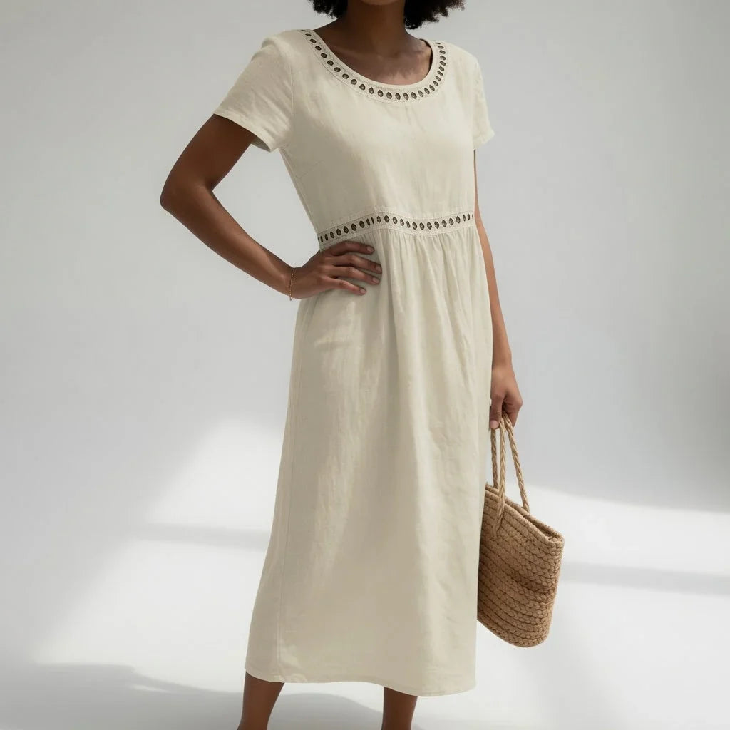 Women's Dress | Midi Eyelet Trim Gathered Waist Short Sleeve