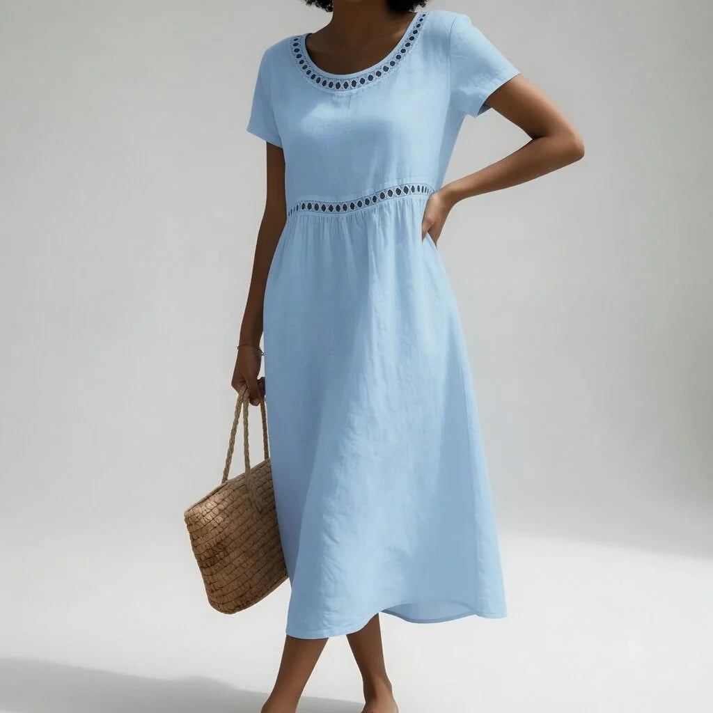 Women's Dress | Midi Eyelet Trim Gathered Waist Short Sleeve