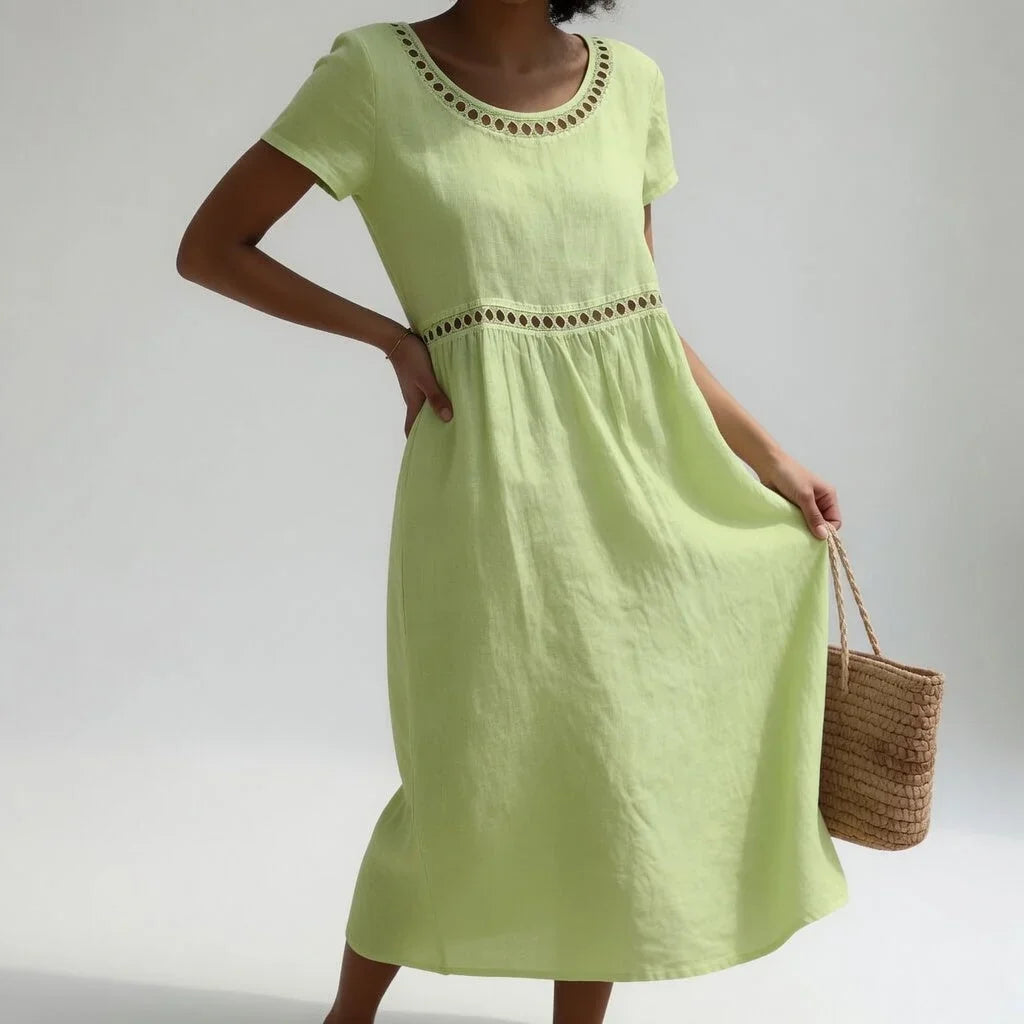 Women's Dress | Midi Eyelet Trim Gathered Waist Short Sleeve