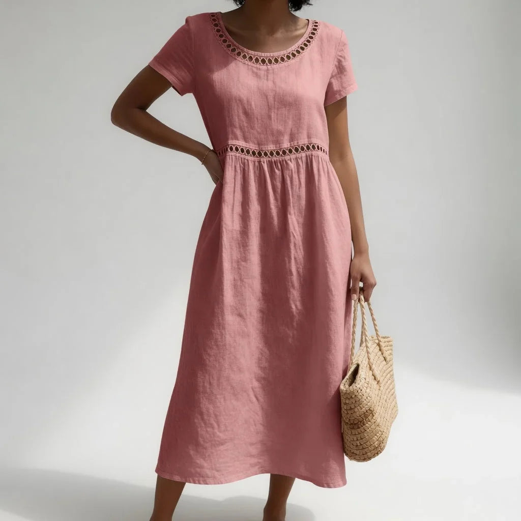 Women's Dress | Midi Eyelet Trim Gathered Waist Short Sleeve