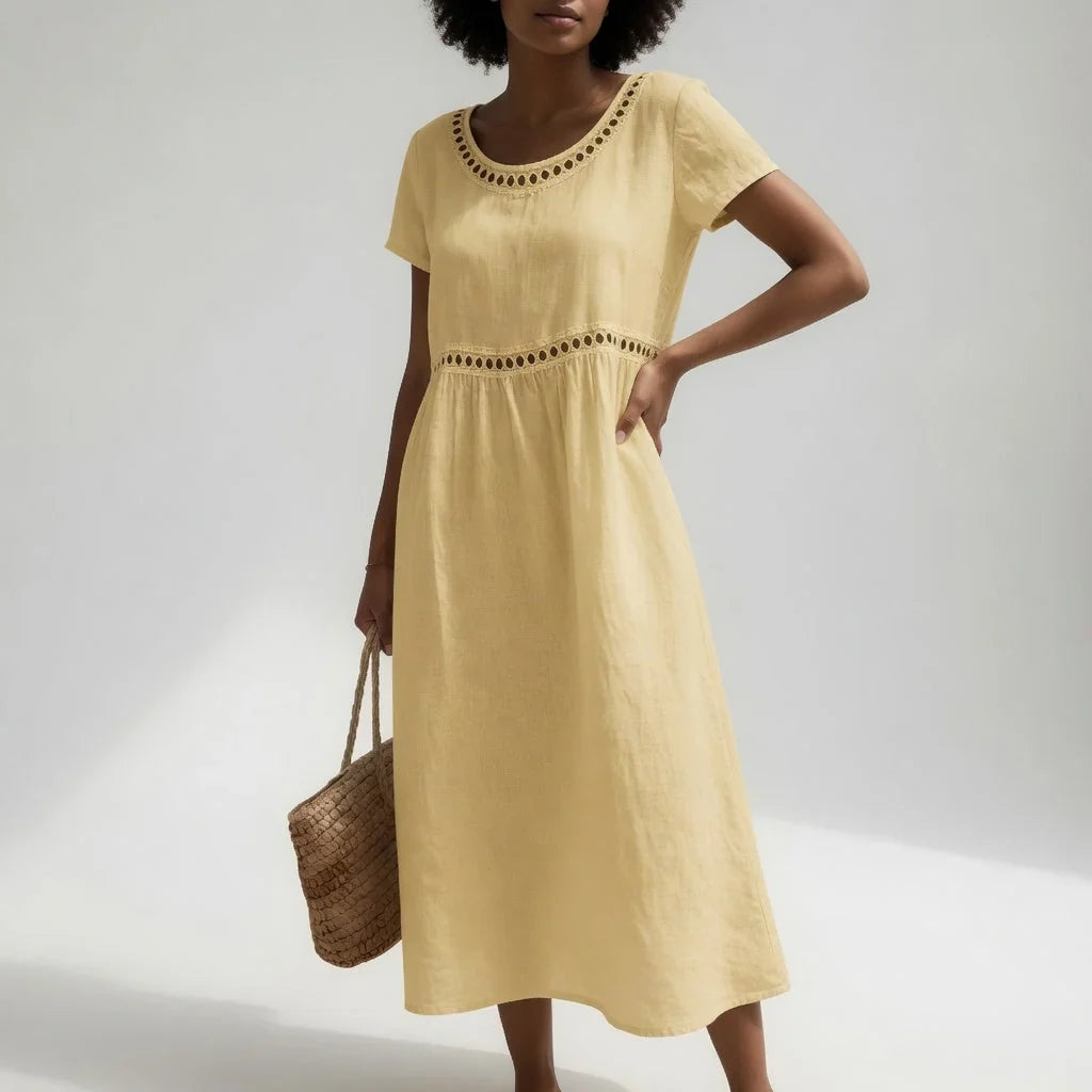 Women's Dress | Midi Eyelet Trim Gathered Waist Short Sleeve