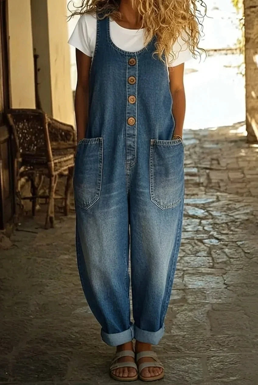 Cropped Dungarees - Wide Leg Button Front Women's Overalls