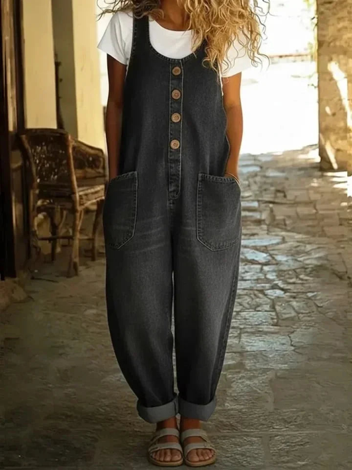 Cropped Dungarees - Wide Leg Button Front Women's Overalls