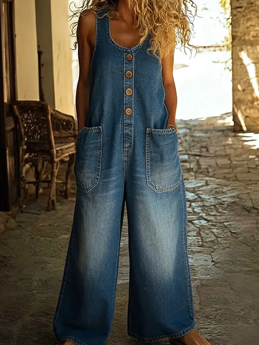 Cropped Dungarees - Wide Leg Button Front Women's Overalls