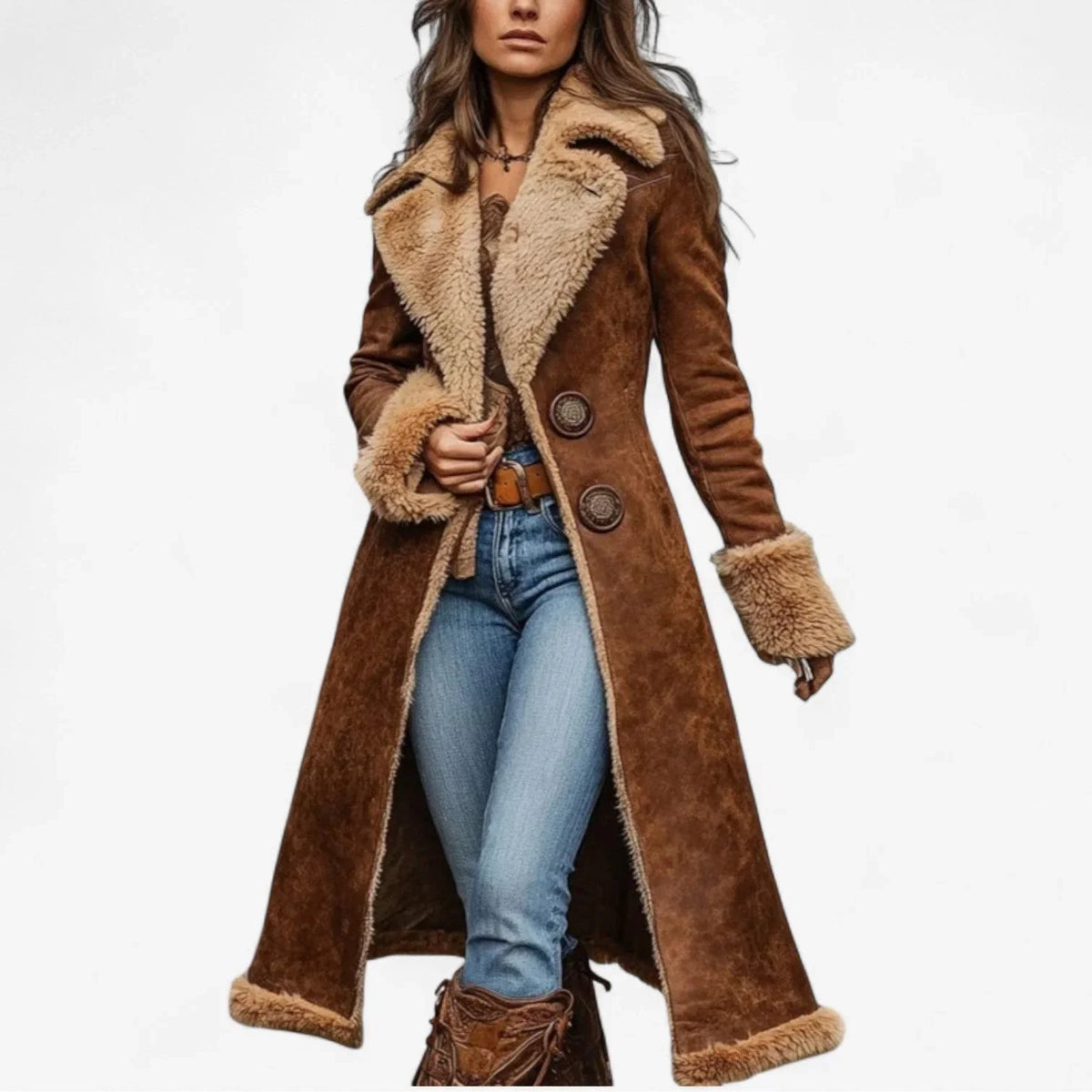 Women's Fur Coat | Brown Suede Faux Fur Lined Long Sleeve