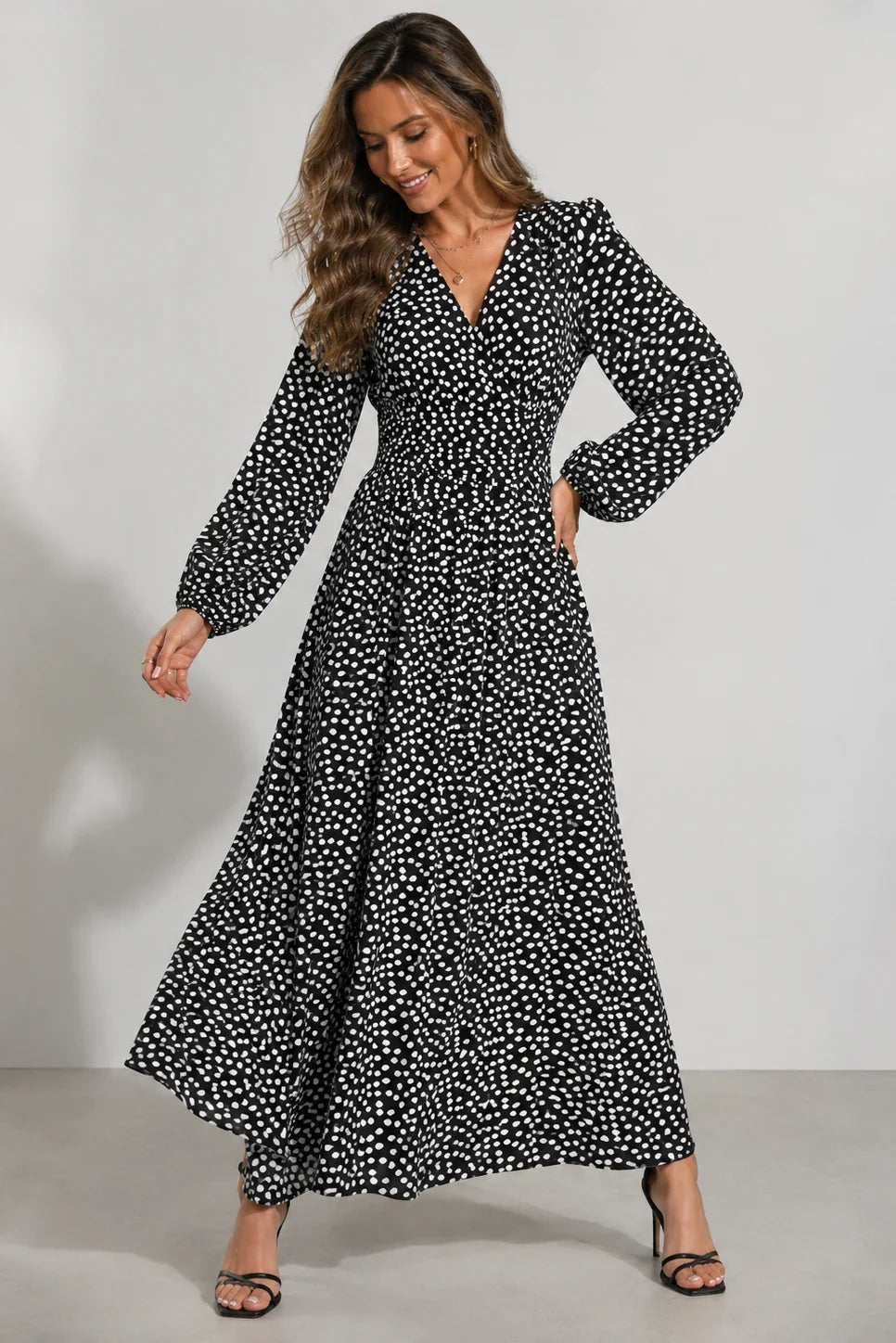 Leopard Print Maxi Dress - V Neck Lantern Sleeve Women's