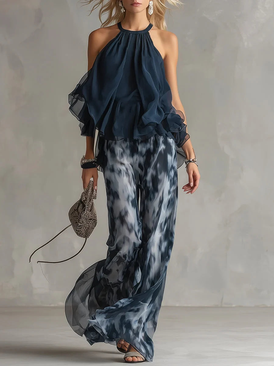 Chiffon Two Piece Set - Halter Top Wide Leg Pants Women's