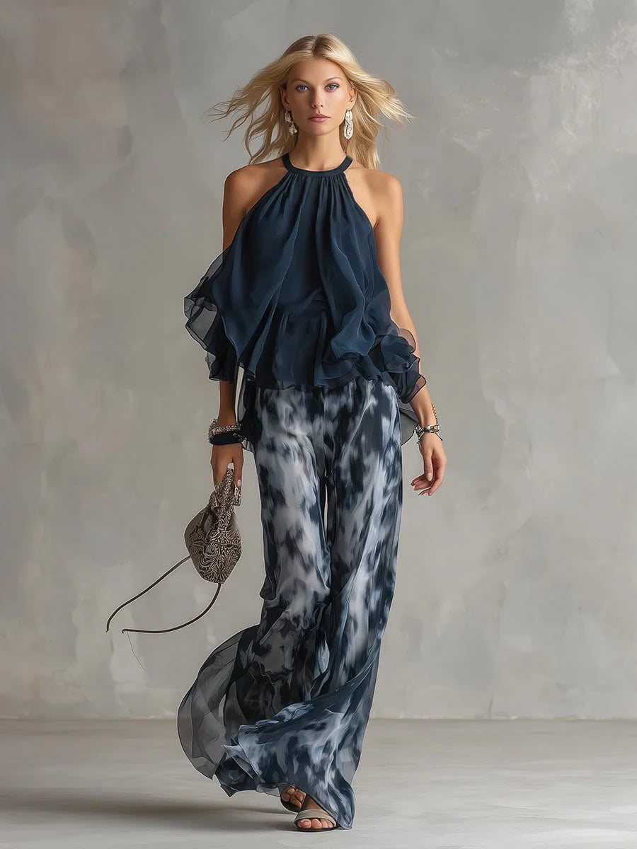 Chiffon Two Piece Set - Halter Top Wide Leg Pants Women's