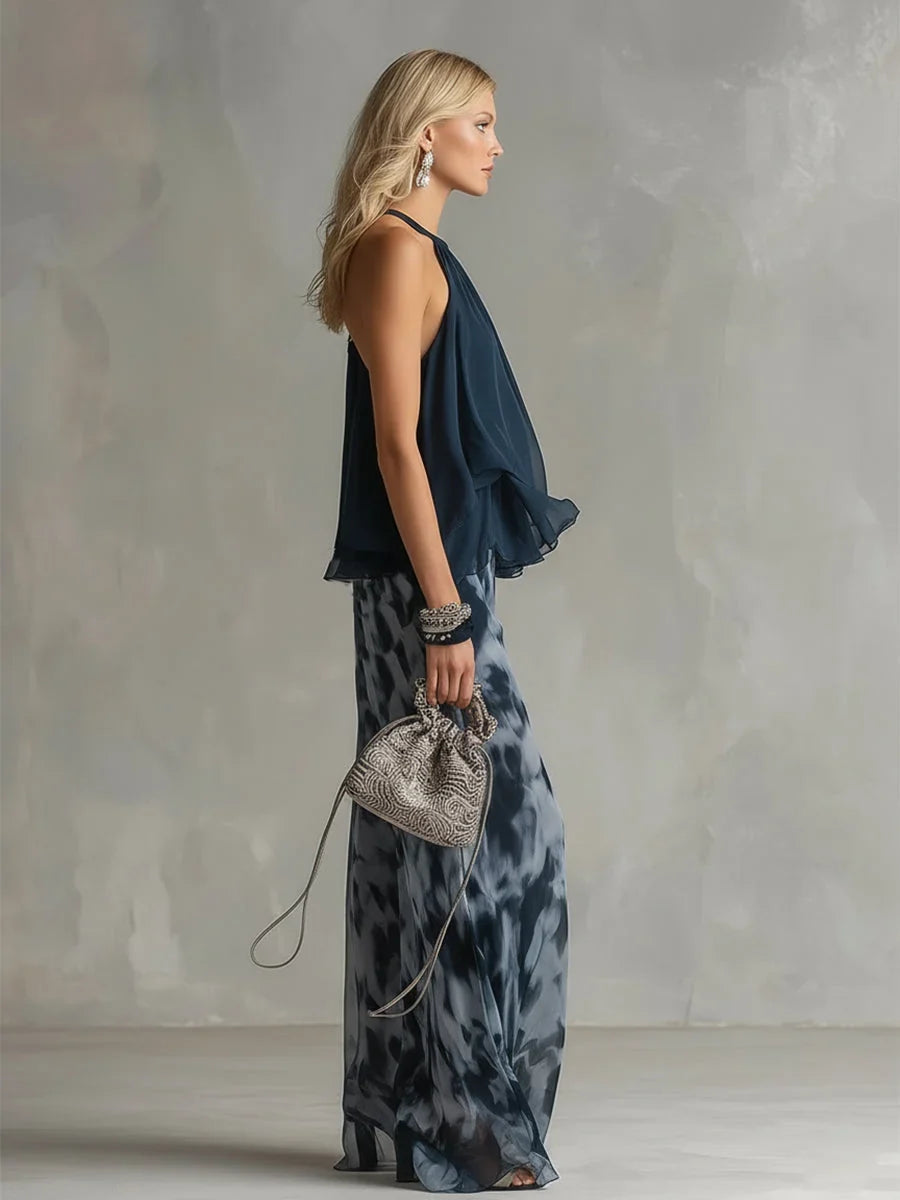 Chiffon Two Piece Set - Halter Top Wide Leg Pants Women's