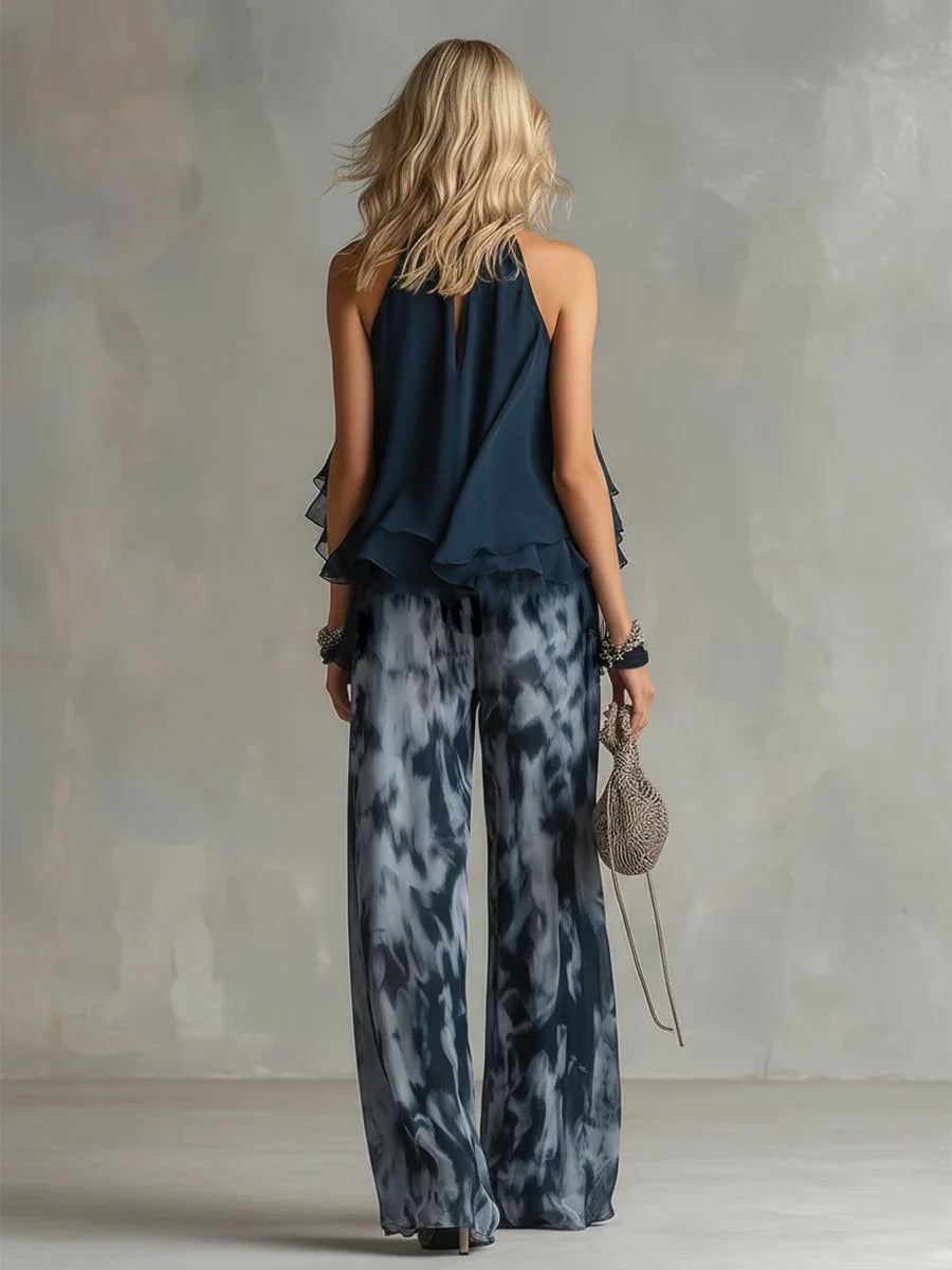 Chiffon Two Piece Set - Halter Top Wide Leg Pants Women's