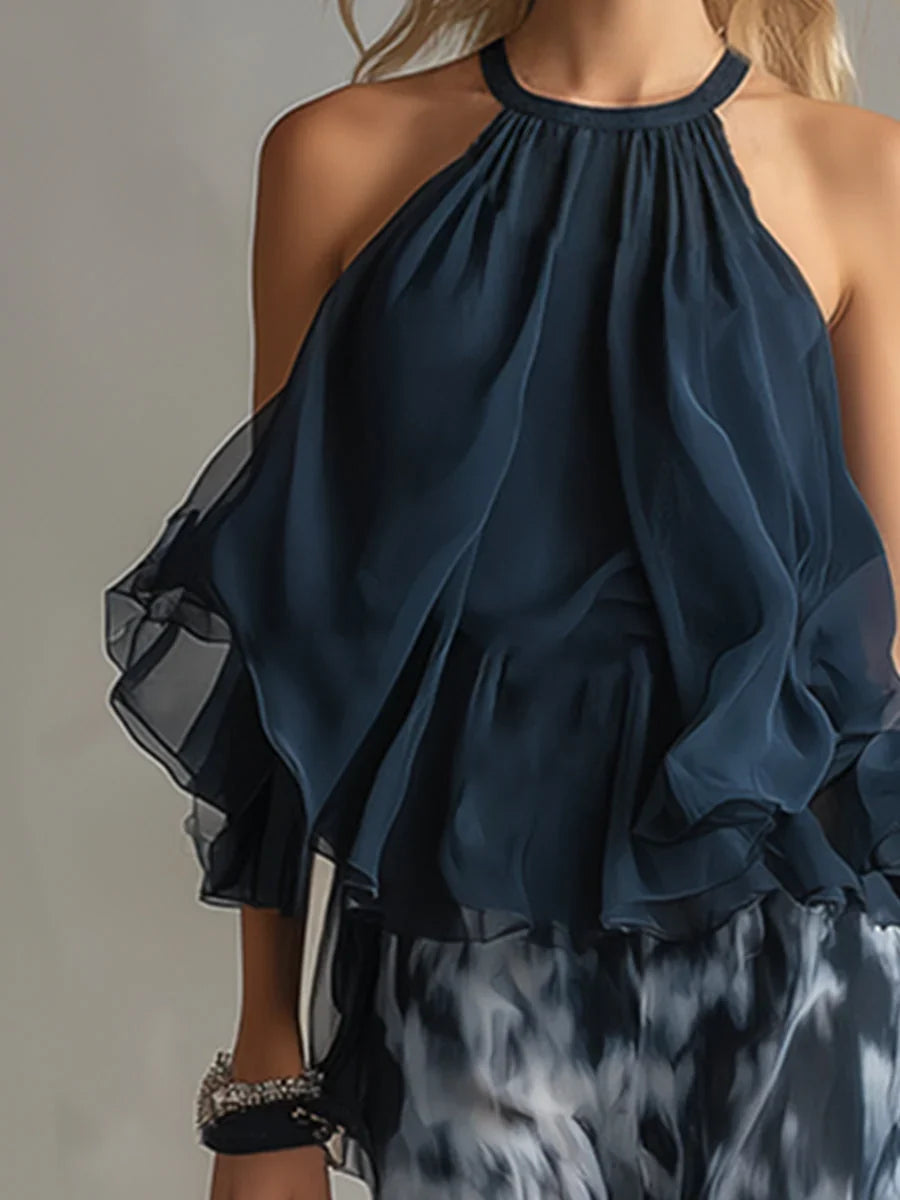 Chiffon Two Piece Set - Halter Top Wide Leg Pants Women's