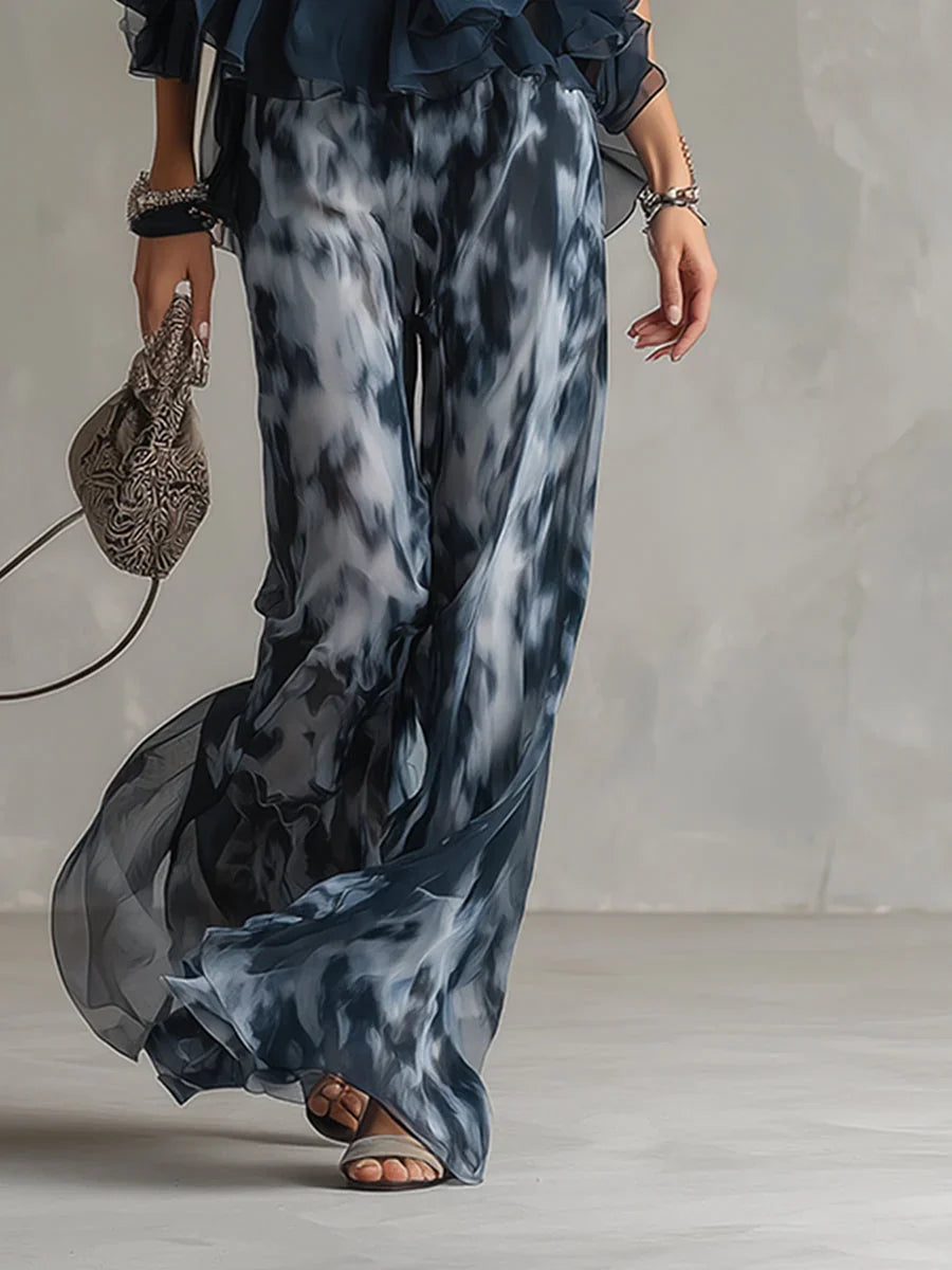 Chiffon Two Piece Set - Halter Top Wide Leg Pants Women's