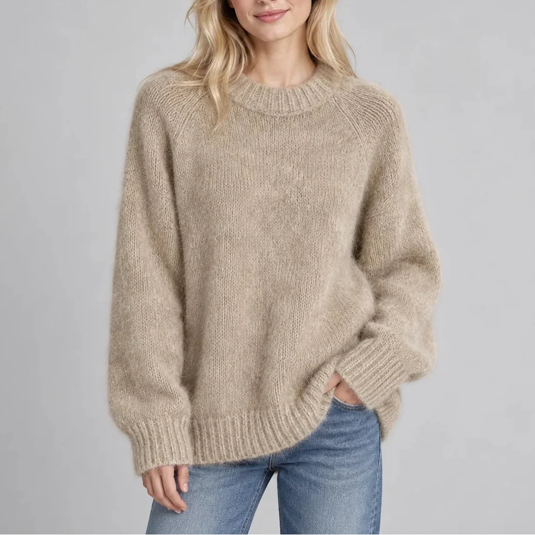 Oversized Knit Sweater - Crew Neck Long Sleeve Women's