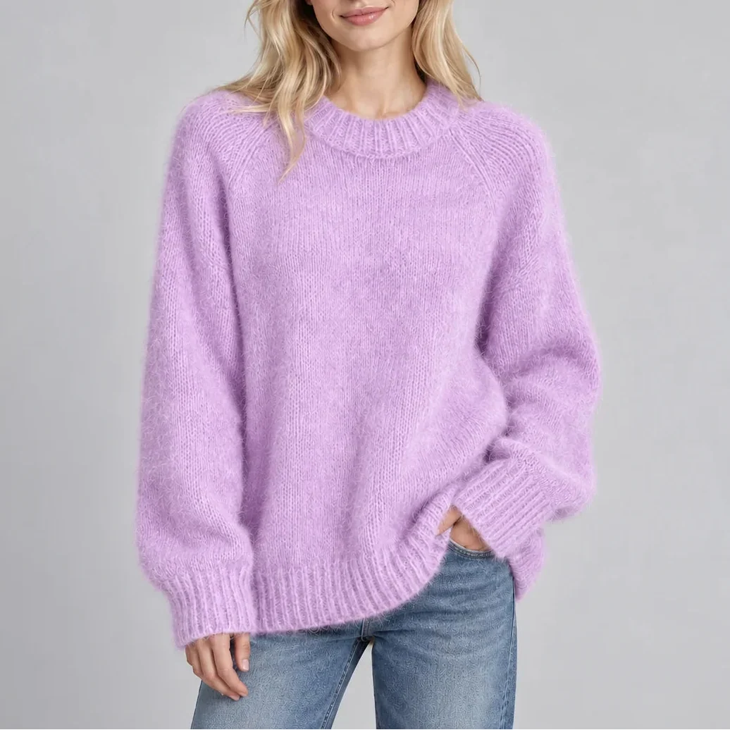 Oversized Knit Sweater - Crew Neck Long Sleeve Women's