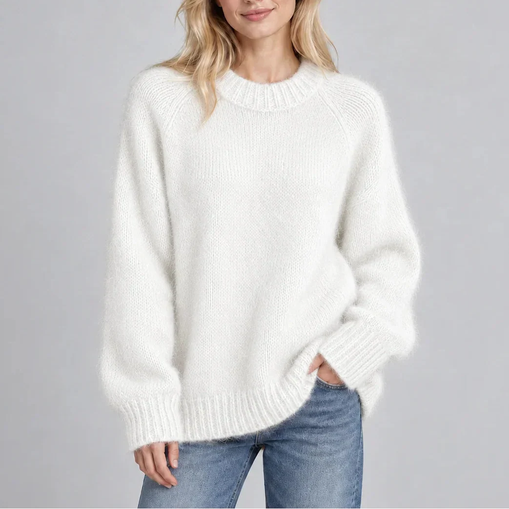 Oversized Knit Sweater - Crew Neck Long Sleeve Women's