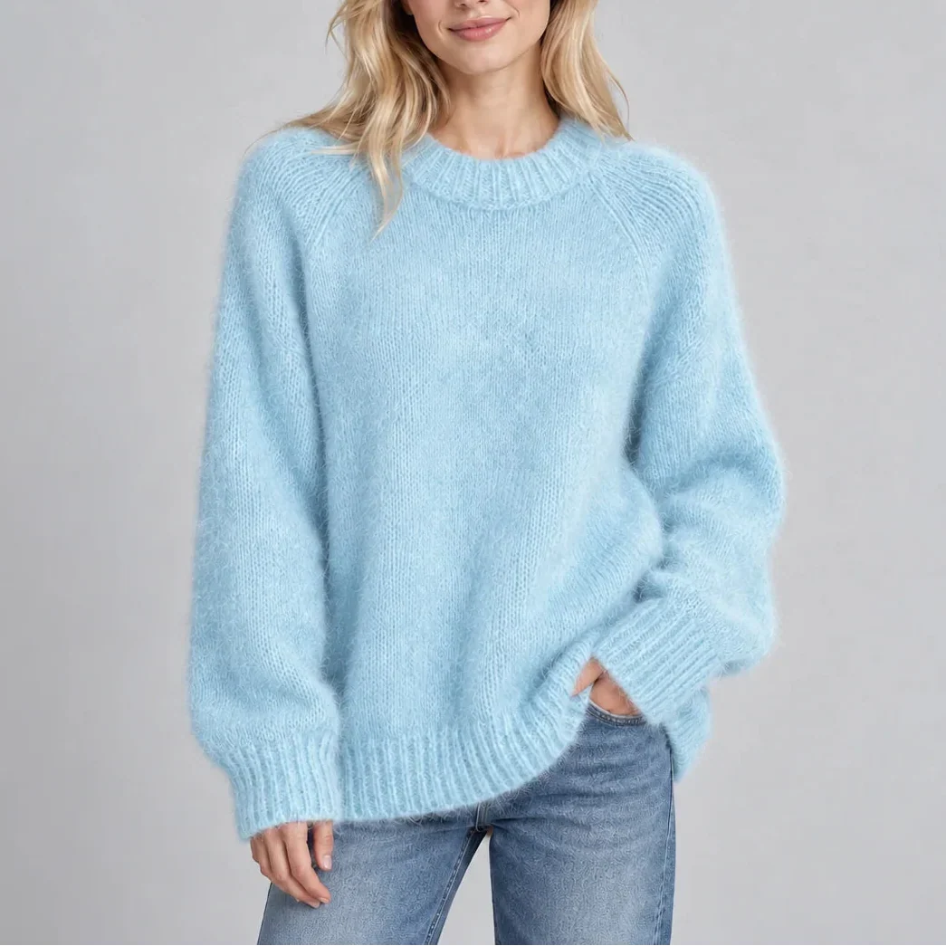 Oversized Knit Sweater - Crew Neck Long Sleeve Women's