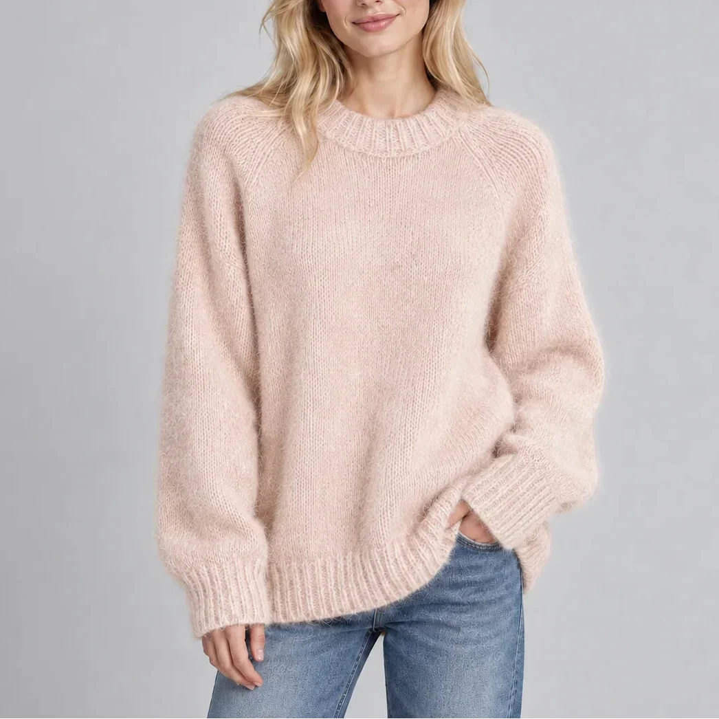 Oversized Knit Sweater - Crew Neck Long Sleeve Women's