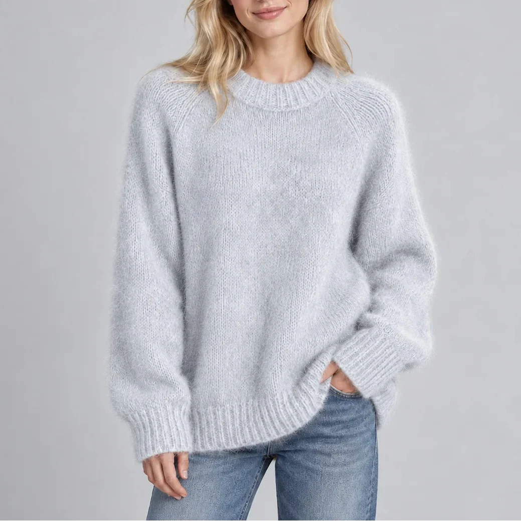Oversized Knit Sweater - Crew Neck Long Sleeve Women's