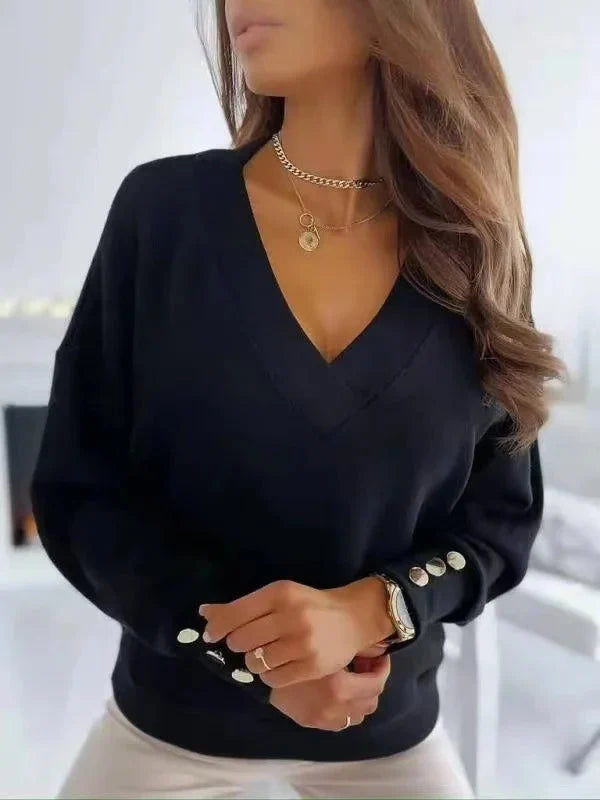 Women's Knit Sweater | V-Neck Long Sleeve Button Detail