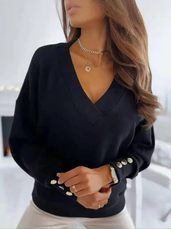 Women's Knit Sweater | V-Neck Long Sleeve Button Detail