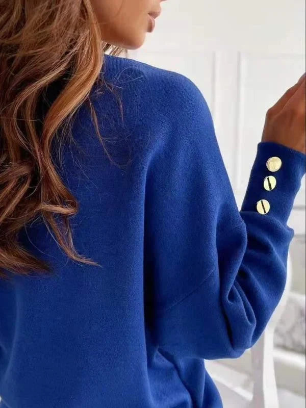 Women's Knit Sweater | V-Neck Long Sleeve Button Detail