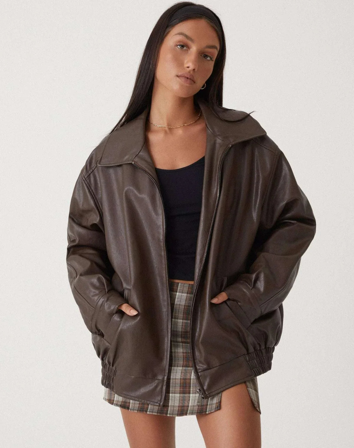 Oversized Bomber Jacket - Zip Front Ribbed Collar Women's