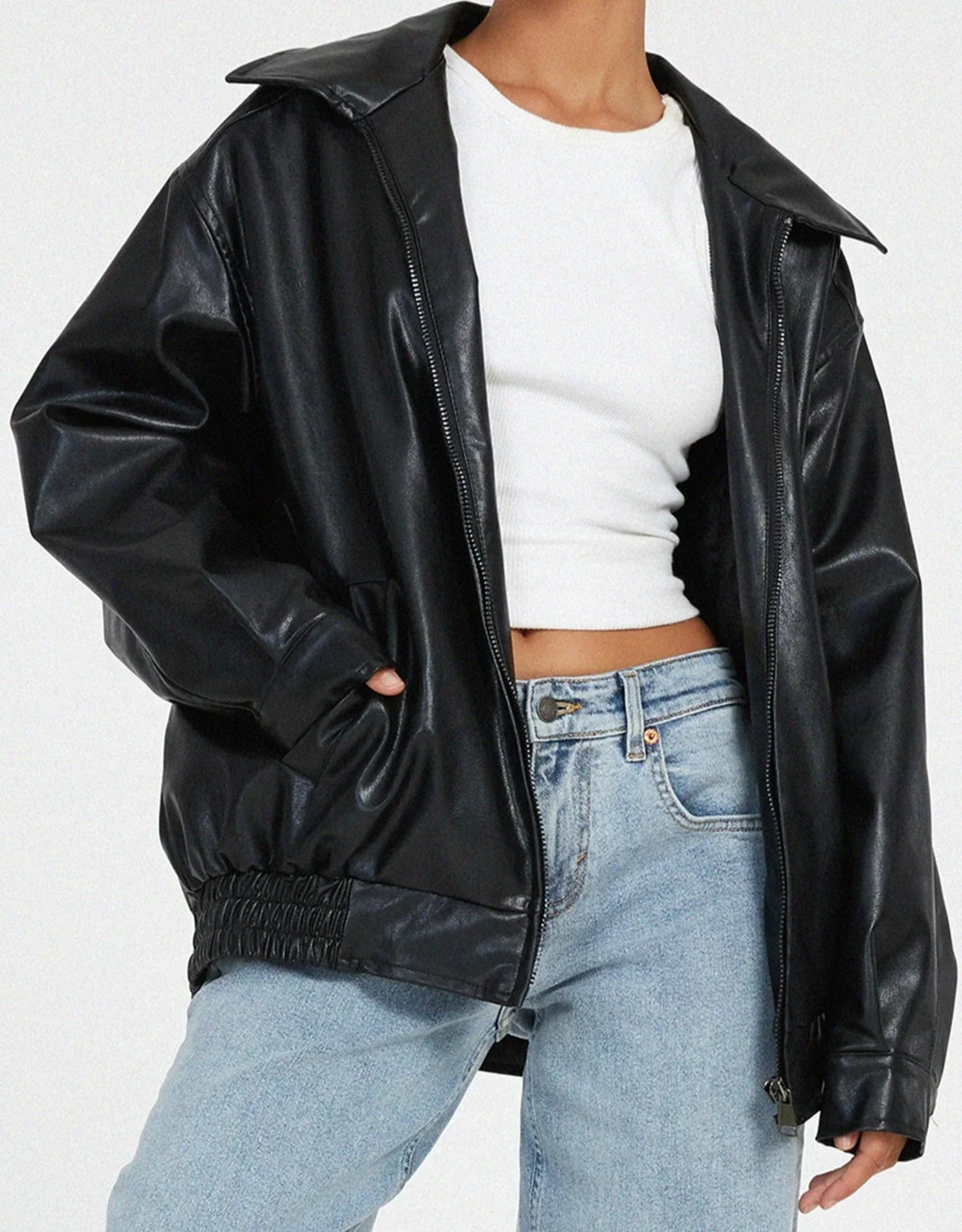 Oversized Bomber Jacket - Zip Front Ribbed Collar Women's