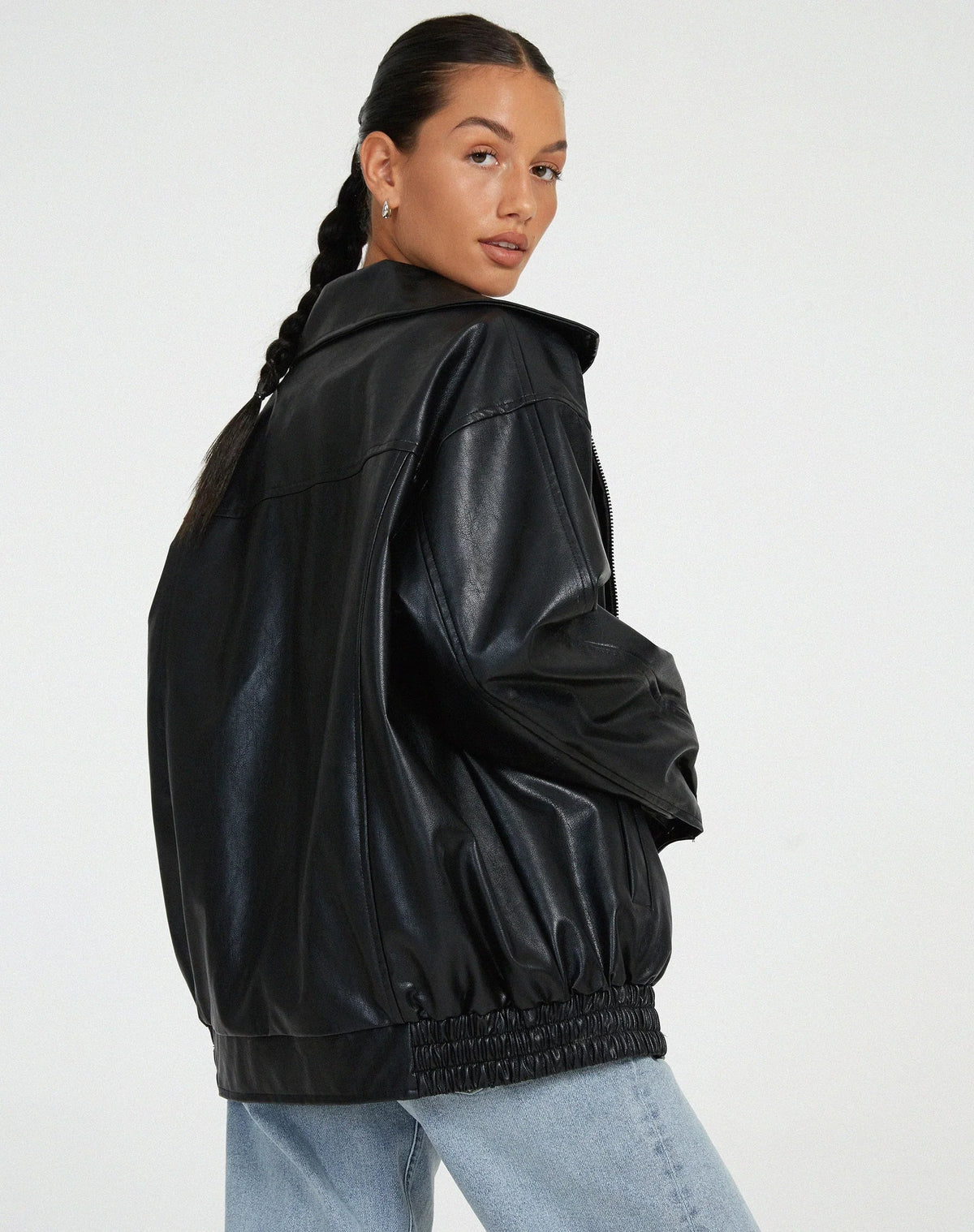 Oversized Bomber Jacket - Zip Front Ribbed Collar Women's