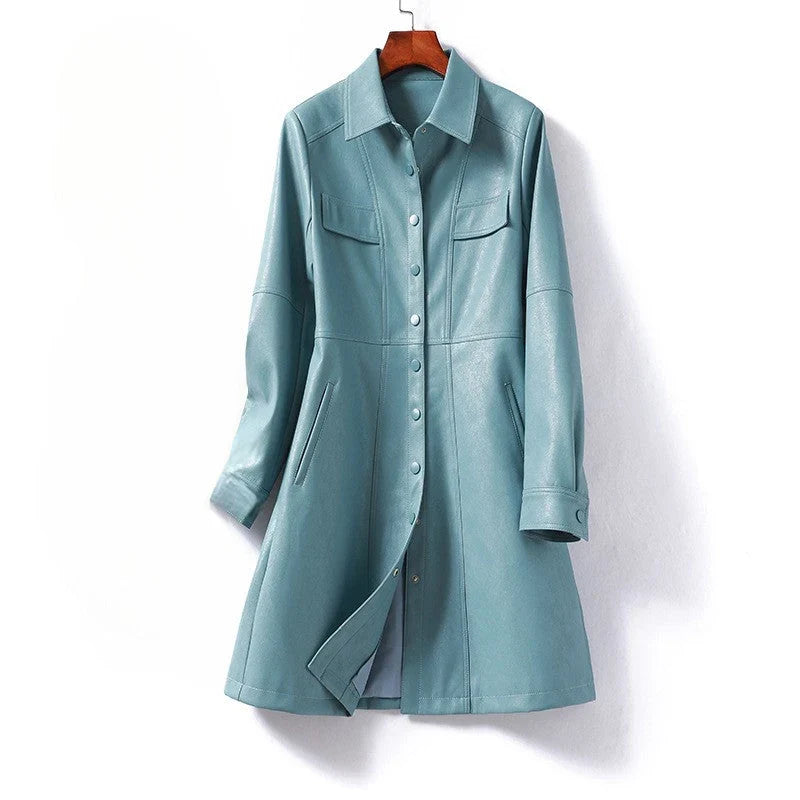 Women's Leather Coat | Shirt Dress Button Front Snap Pockets