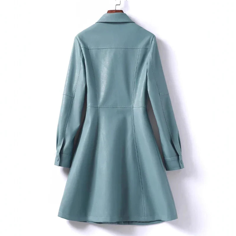 Women's Leather Coat | Shirt Dress Button Front Snap Pockets