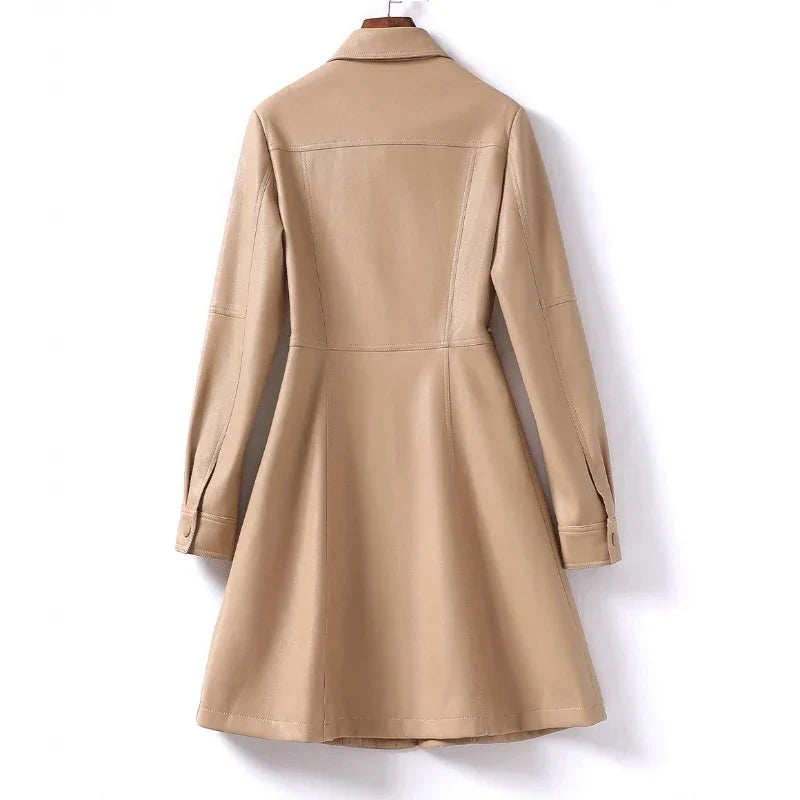Women's Leather Coat | Shirt Dress Button Front Snap Pockets