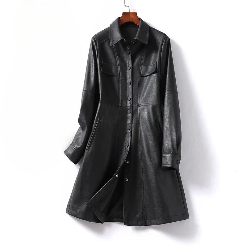 Women's Leather Coat | Shirt Dress Button Front Snap Pockets