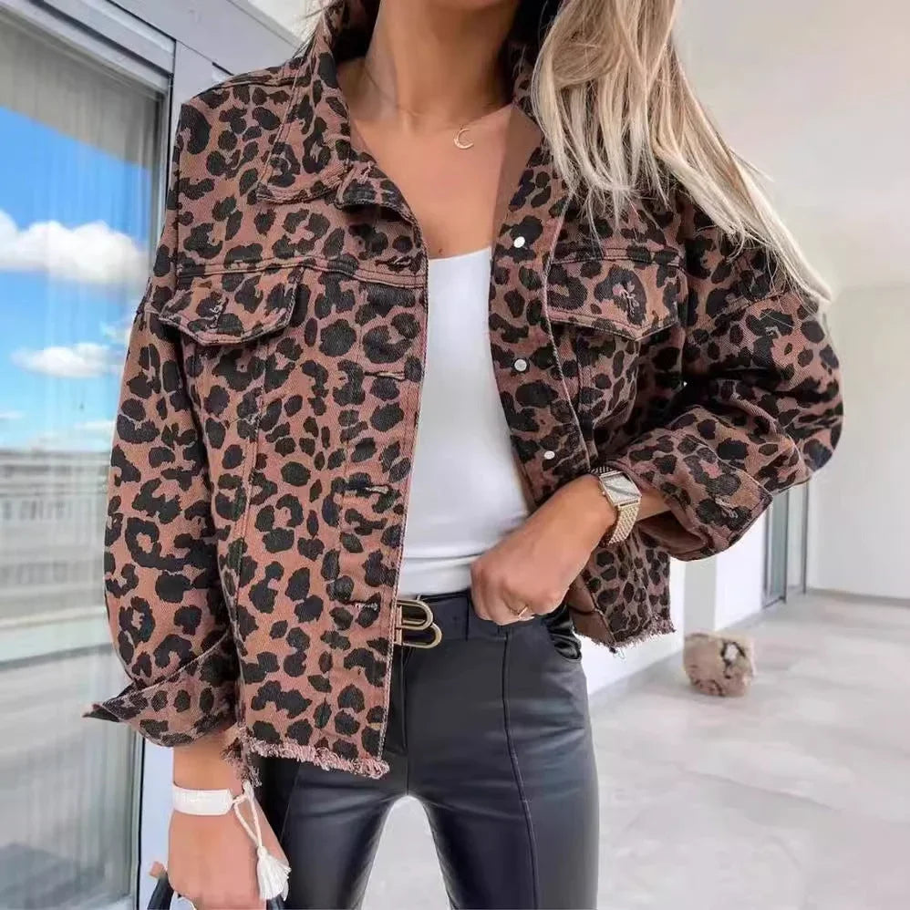 Women's Leopard Print Jacket | Cropped Collar Button Front