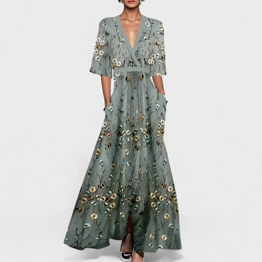 Women's Maxi Dress | Floral V-Neck Kimono Sleeve