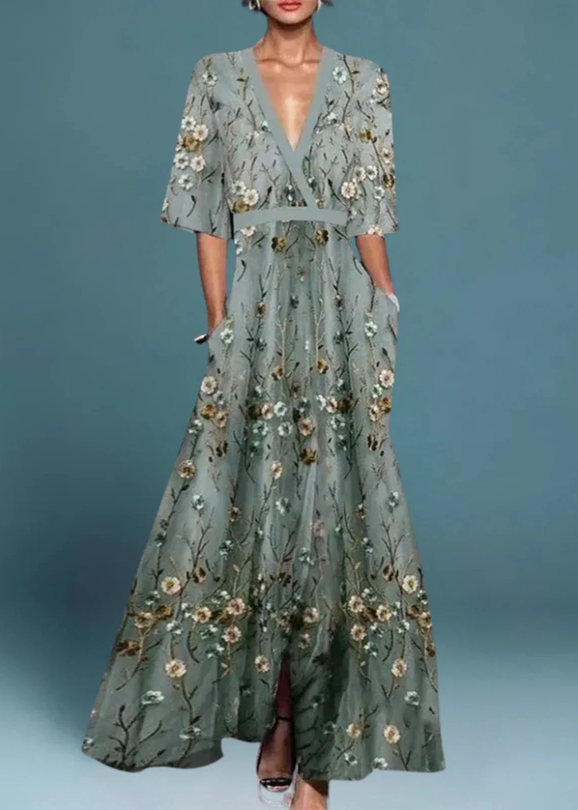 Women's Maxi Dress | Floral V-Neck Kimono Sleeve