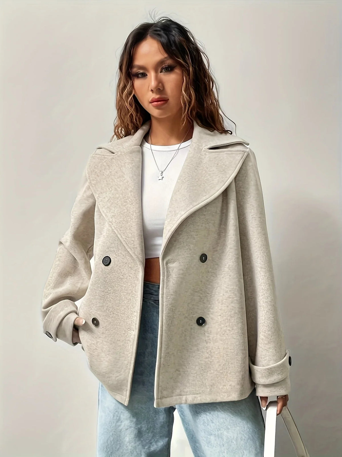 Women's Pea Coat | Double Breasted Notched Collar Long Sleeve