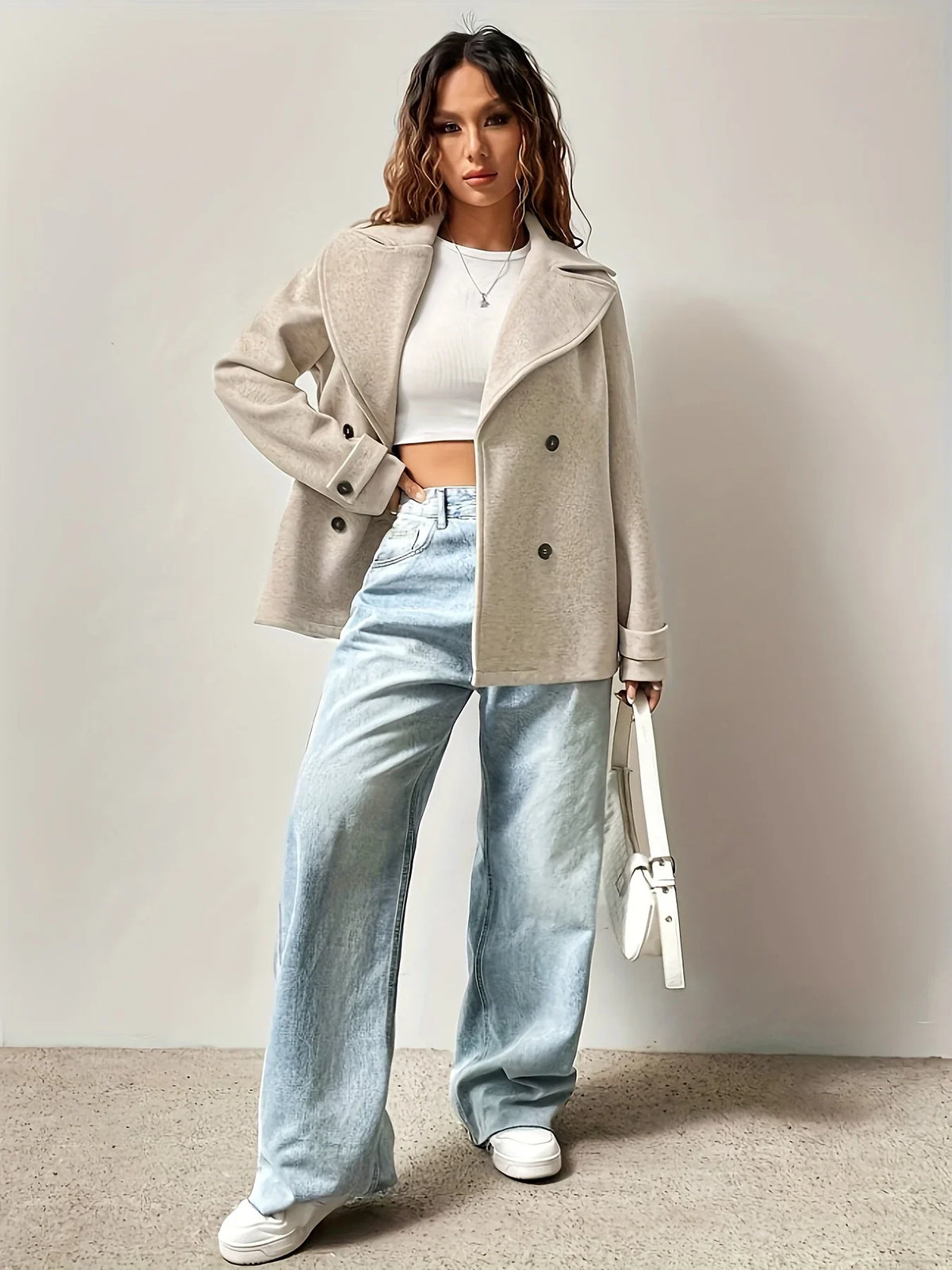 Women's Pea Coat | Double Breasted Notched Collar Long Sleeve