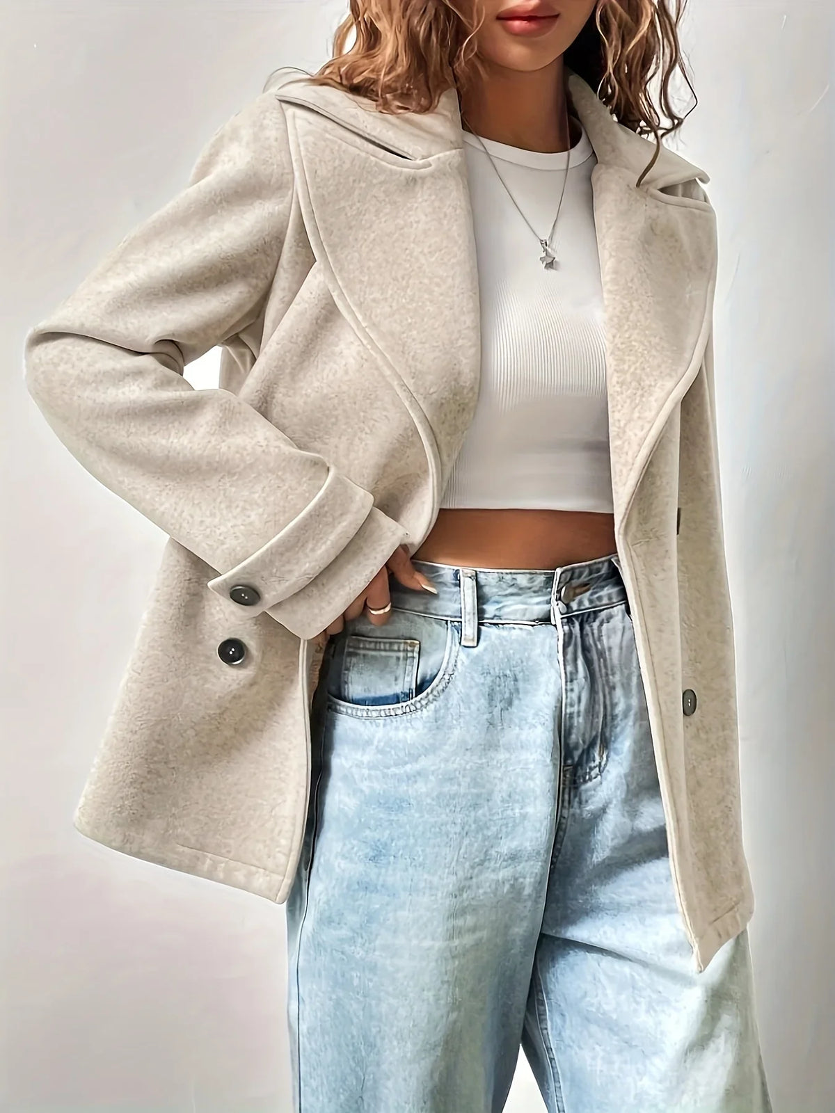 Women's Pea Coat | Double Breasted Notched Collar Long Sleeve