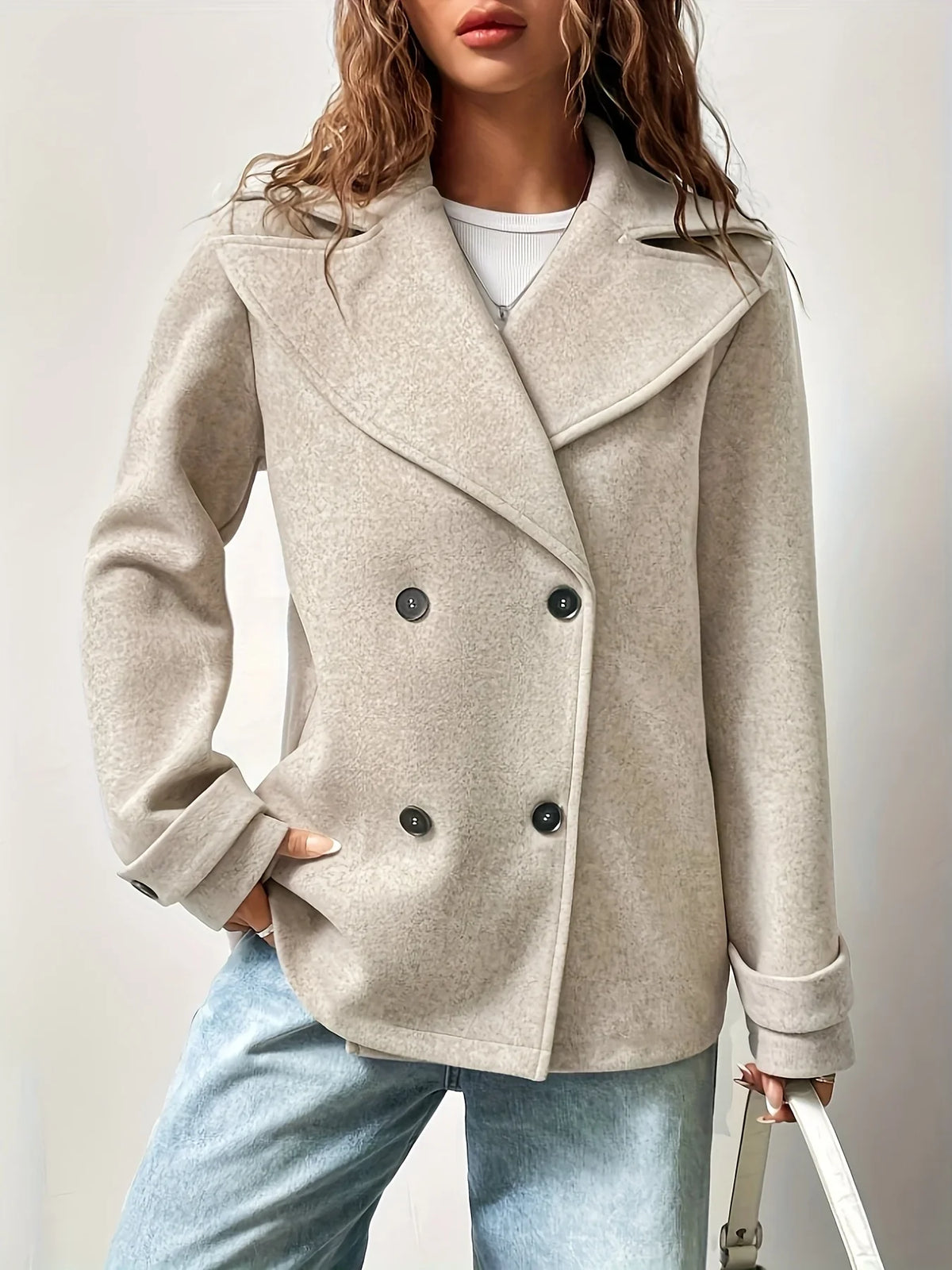 Women's Pea Coat | Double Breasted Notched Collar Long Sleeve