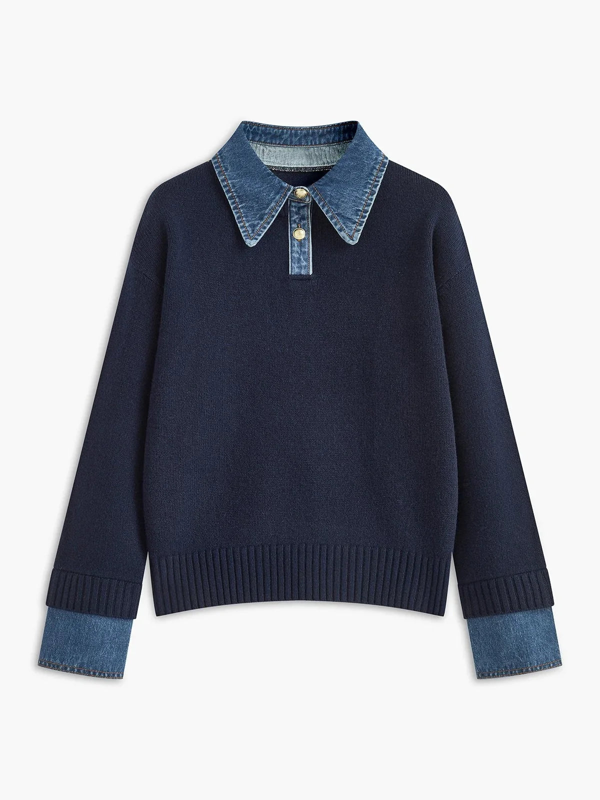 Women's Polo Sweater | Denim Collar Knit Snap Button