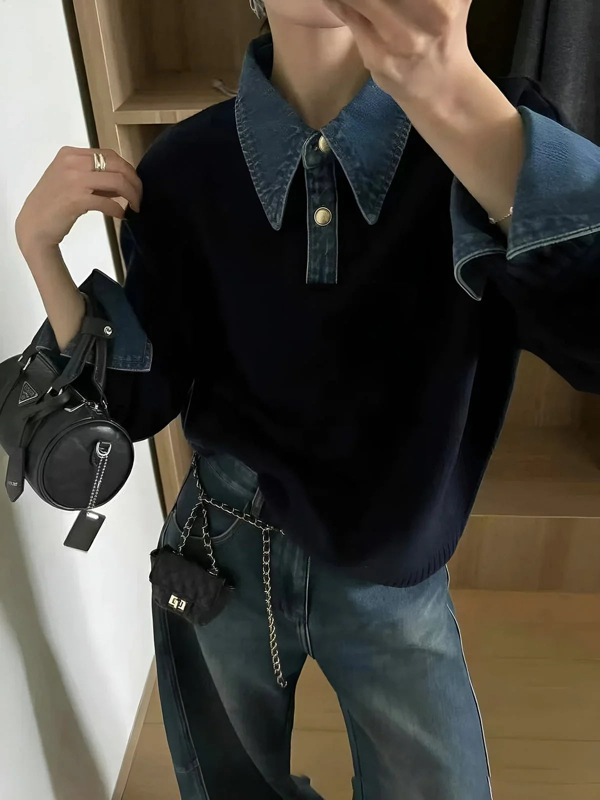 Women's Polo Sweater | Denim Collar Knit Snap Button